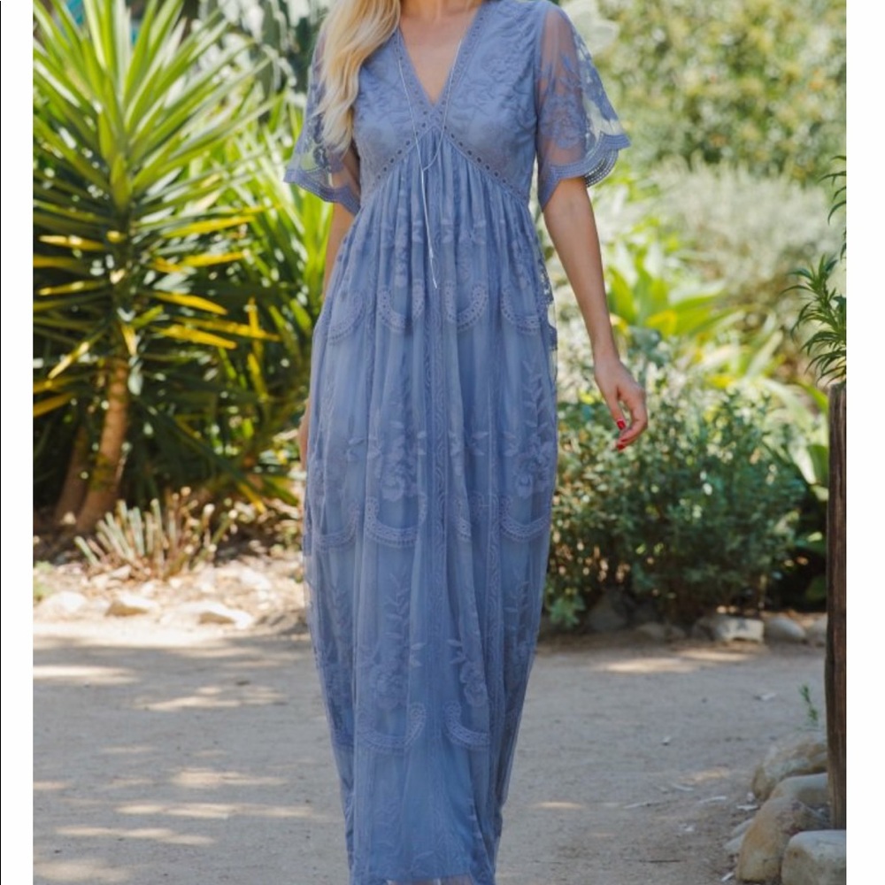 Brand new with tags, dusty blue maxi lace dress